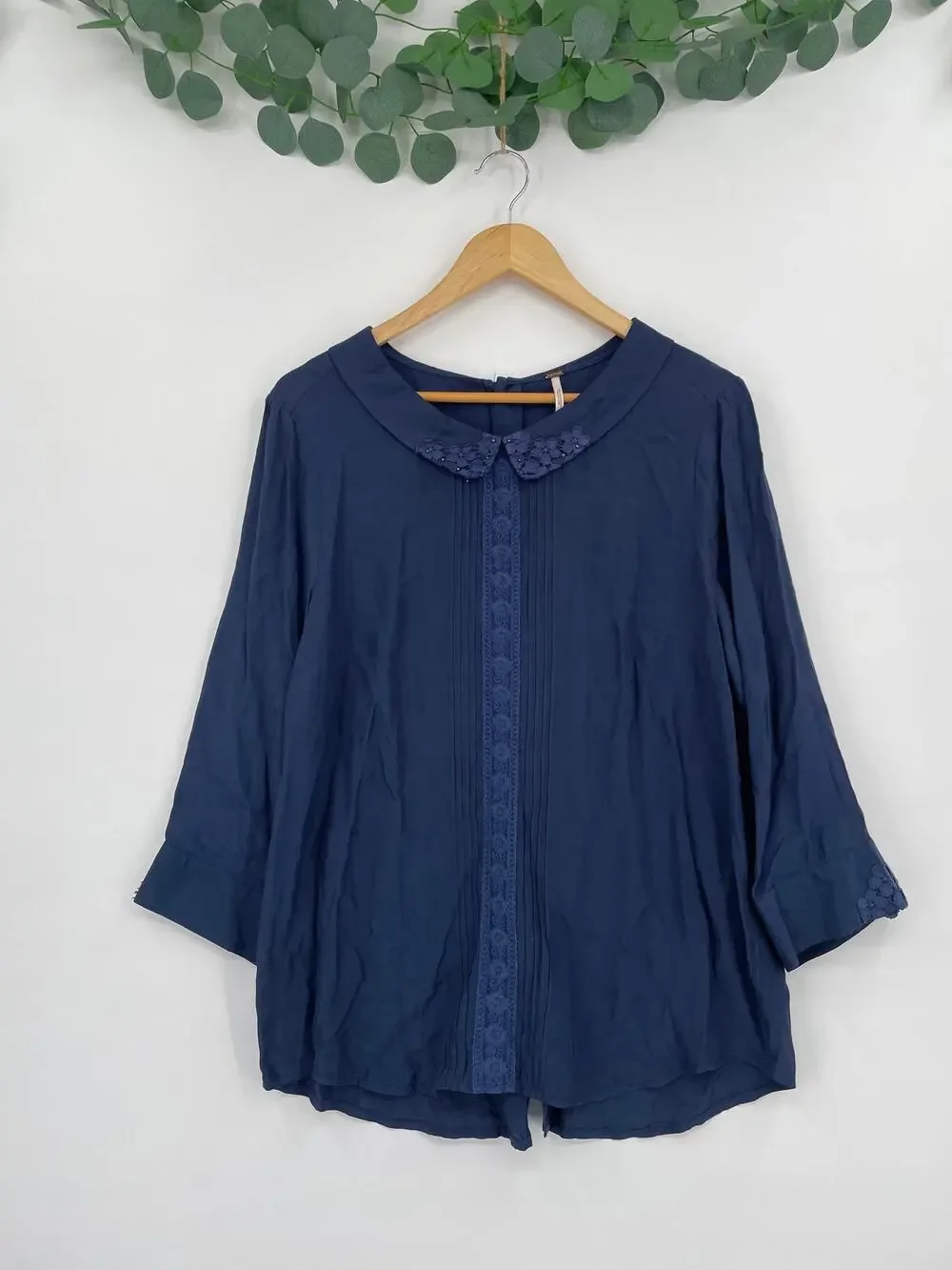 Free People Womans Navy Blue Long Sleeve Cottage Core Lace Button Blouse Large